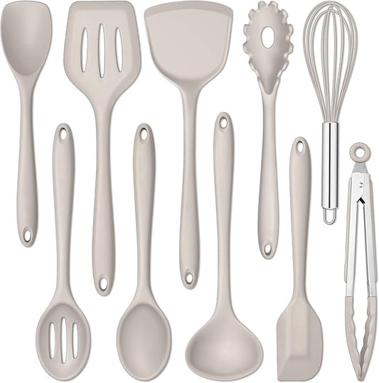 E-far 10 Pieces Silicone Cooking Utensils Set, Heat Resistant Kitchen Utensil Set for Nonstick Cookware, Kitchen Cooking Tools with Spatula, Spoon, Slotted Turner, Non-Toxic & Dishwasher Safe (Khaki) by E-far