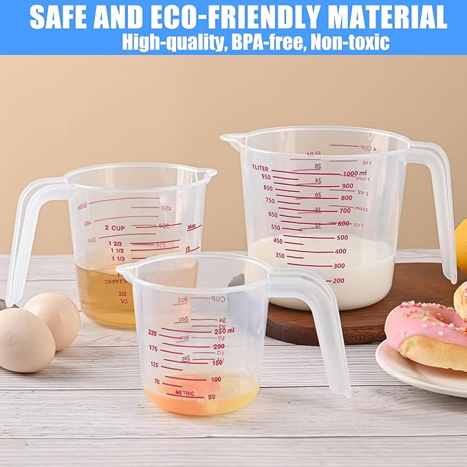 DTDNZKN 3 Pack Measuring Cup Set, Includes 250Ml (1-Cup), 500Ml (2-Cup) and 1000Ml (4-Cup) Plastic Liquid Measuring Cups- Baking, Cooking, Mixing & Measuring Cups, Essential Kitchen Tools - Image 7
