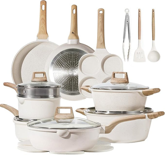 CAROTE 21Pcs Pots and Pans Set, Nonstick Cookware Sets, White Granite Induction Cookware Non Stick Cooking Set w/Frying Pans & Saucepans(PFOS, PFOA Free) by CAROTE