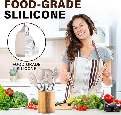 5Pcs Silicone Cooking Utensils Set, Heat Resistant Kitchen Tools Include Solid&Slotted Spatula, Cooking Spoon and Pasta Server, Silicone Kitchen Utensils set for Nonstick Cookware Flipping, Khaki - Image 6