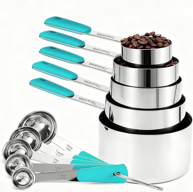 Bopei Measuring Cups and Spoons Set Stainless Steel 10 Piece for Cooking and Baking (5 Cups + 5 Spoons, Aqua Sky Handle) by Bopei