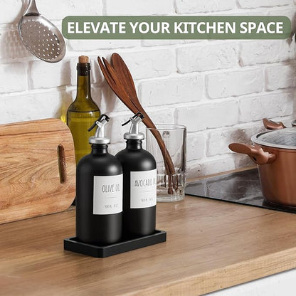 Olive Oil Dispenser Bottle for Kitchen, 16oz Glass Oil and Vinegar Cruet Set with Wood Tray & 54 Labels - Coffee Syrup Dispenser - Black Kitchen Decor and Accessories - Set of 2 - Image 4