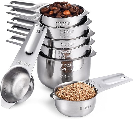 Measuring Cups: U-Taste 18/8 Stainless Steel Measuring Cups Set of 7-Piece: 1/8 Cup, 1/4 Cup, 1/3 Cup, 1/2 Cup, 2/3 Cup, 3/4 Cup, 1 Cup Dry and Liquid Ingredients by U-Taste