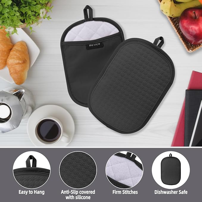Hovico 2PCS Silicone Pot Holders, Oven Mitts Heat Resistant Hot Pads with Pockets, Non Slip Pot Holder for Kitchen Baking and Cooking| 9.8 x 7 Inches | Towel Cloth Interior Lining - Black - Image 3