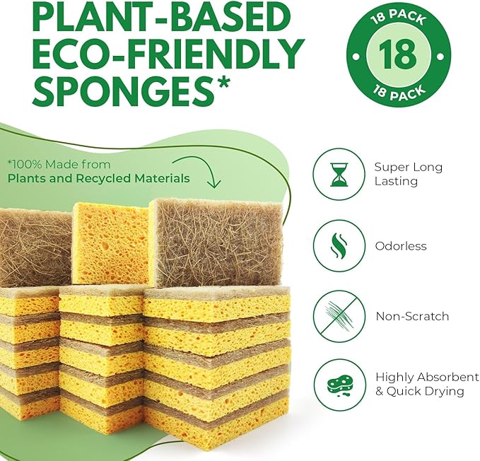 AIRNEX Natural Kitchen Sponges Pack of 18 - Biodegradable Cellulose and Coconut Husk Walnut Scrubbers - Odor Free Non Scratch - Eco Friendly Quick Drying Dishwashing Sponges - Image 2