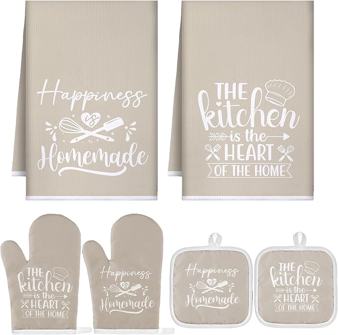 Sratte 6 Pcs Kitchen Decor Accessories Set Farmhouse Towels Pot Holders Oven Mitts Set 2 Dish Towels 2 Potholders 2 Cooking Mittens Oven Glove for Christmas Baking Cooking Supply(Beige,Kitchen) by Sratte