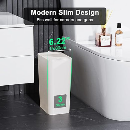 N. NETDOT 3 Pack Small Trash Can with lid, 3 Gallon Bathroom Trash Can,Garbage Can Slim Trash Bin Waste Basket for Bathroom,Kitchen,Bedroom,Living Room,Office,Laundry - Off White - Image 2