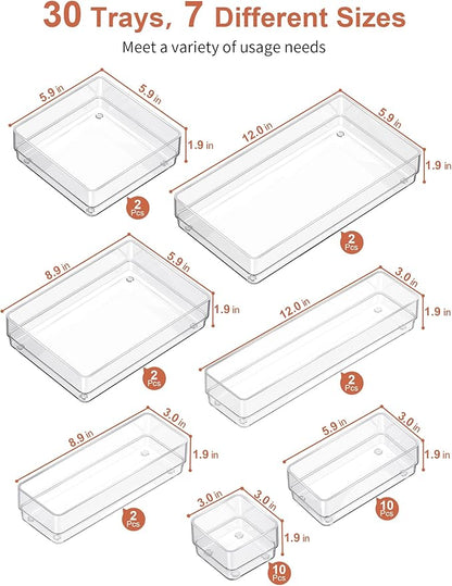 SMARTAKE 30-Piece Drawer Organizer with Non-Slip Silicone Pads, 7-Size Desk Drawer Organizer Trays Storage Tray for Makeup, Jewelries, Utensils in Bedroom Dresser, Office and Kitchen (Clear) - Image 2