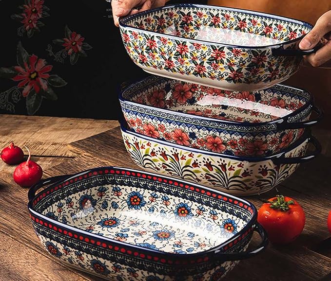 Red Daisy Flower Vintage Style Ceramic Bakeware Casserole Dish Baking Pan Lasagna Pans Baking Dish with Handles for Oven/Cooking/Kitchen-1 PCS, 60 OZ - Image 8