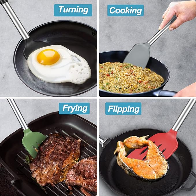 2 Pack Spatulas, Solid & Slotted Silicone Spatula Set, Stainless Steel Handle Coated with Silicone, Non Stick Turners, Heat Resistant Rubber Spatulas for Fish, Eggs, Pancakes, WOK, Teal - Image 8