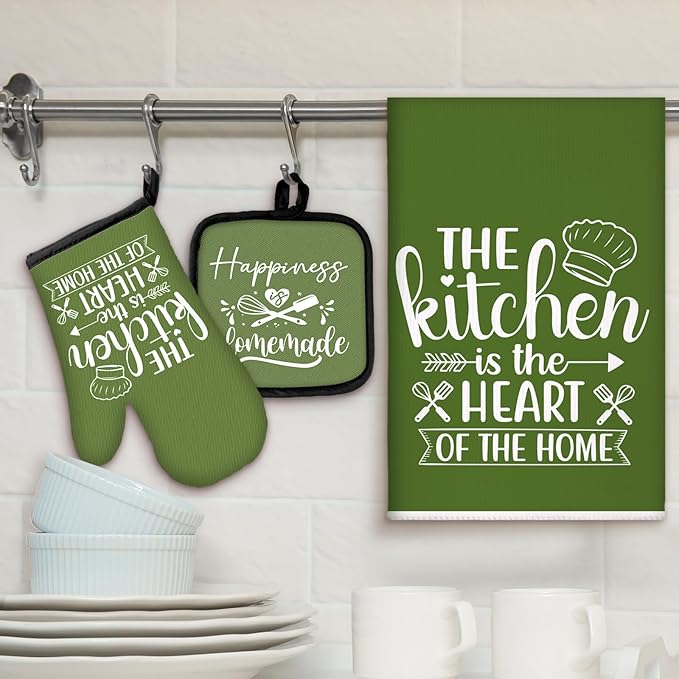 Sratte 6 Pcs Kitchen Decor Accessories Set Farmhouse Towels Pot Holders Oven Mitts Set 2 Dish Towels 2 Potholders 2 Cooking Mittens Oven Glove for Christmas Baking Cooking(Avocado Green,Kitchen) - Image 2