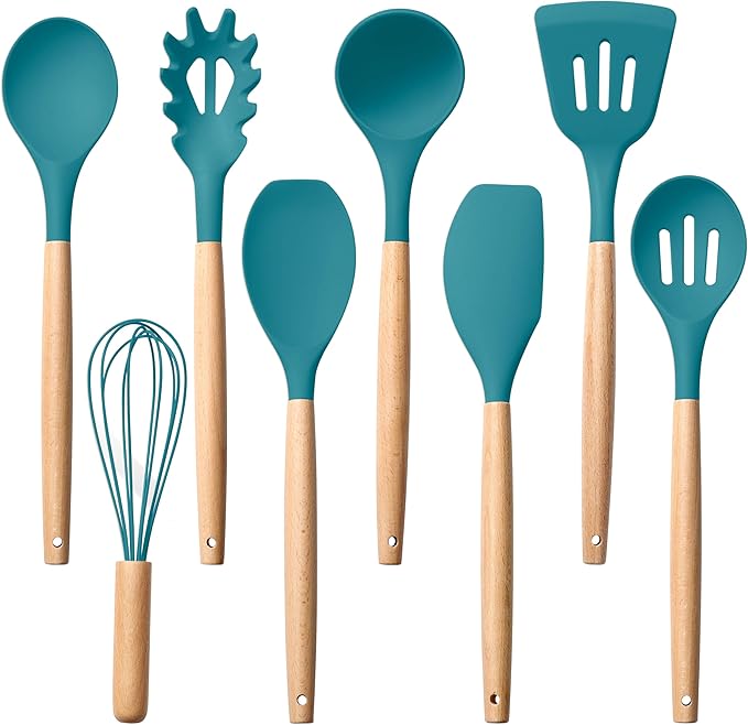 Herogo 8 Pcs Non-Stick Silicone Kitchen Utensils Set, Heat-Resistant Food-Grade Cooking Utensils with Wooden Handle, Includes Spatula Spoon Turner Server Whisk Ladle for Baking, Cooking (Navy Blue) by Herogo