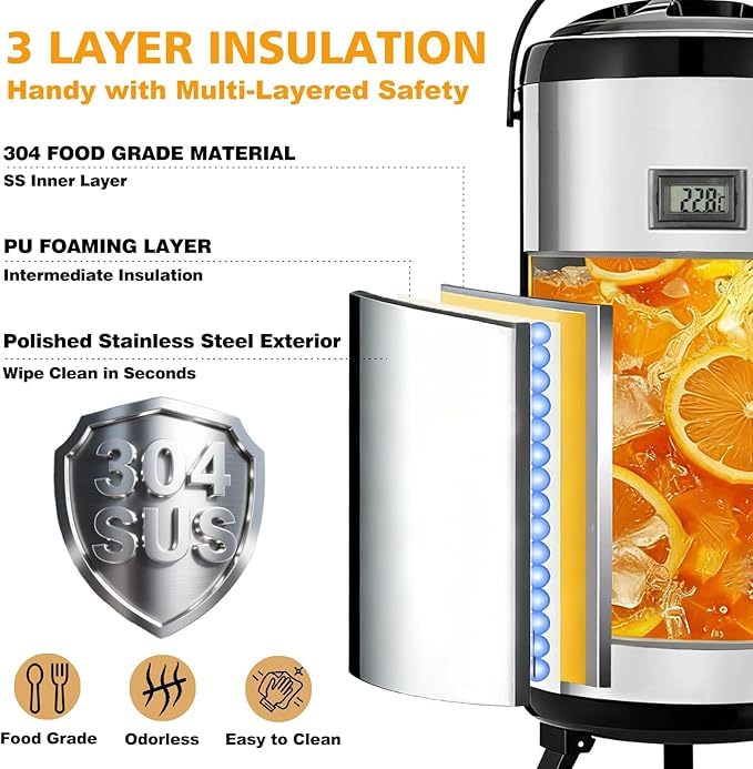 3.2 Gal/12L Non-Electric Insulated Beverage Dispenser, Stainless Steel Thermal Drink Server with Spigot & Temp Display, Hot & Cold Drink Dispenser for Cafes, Restaurants, Parties, Silver