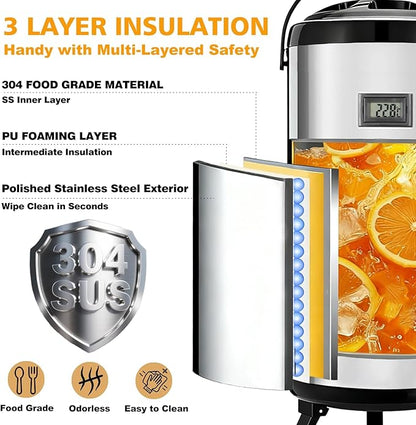 3.2 Gal/12L Non-Electric Insulated Beverage Dispenser, Stainless Steel Thermal Drink Server with Spigot & Temp Display, Hot & Cold Drink Dispenser for Cafes, Restaurants, Parties, Silver