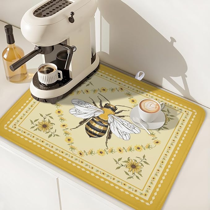 Giwawa Sunflower Bee Dish Drying Mat, Summer Rustic Sunshine Floral Dish Drainer Mats, Yellow Farmhouse Microfiber Reversible Large Dish Drying Pad Decor for Kitchen Countertop, 18x24inches