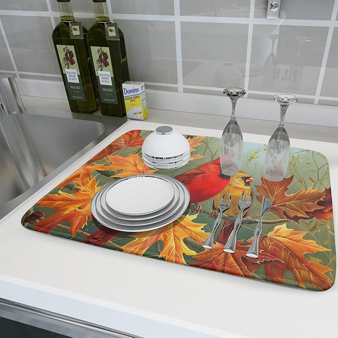 Giwawa Fall Birds Dish Drying Mat 18x24 Inch Autumn Maple Leaf Tree Dish Drainer Mats Thanksgiving Decorative Microfiber Reversible Dish Drying Rack Pad Large for Kitchen Countertop Tabletop