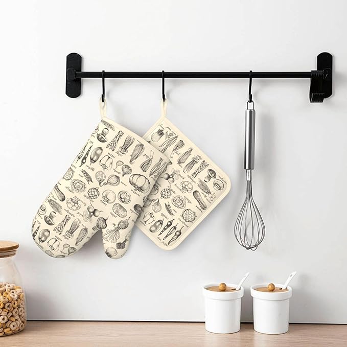 Vegetable Silicone Oven Mitts Pan Mats Set of 2, Heat Resistant Gloves Potholder with Non-Slip Grips Hanging Loops Pot Holder, Spring Summer for Chef Cooking, Baking, Grilling, BBQ