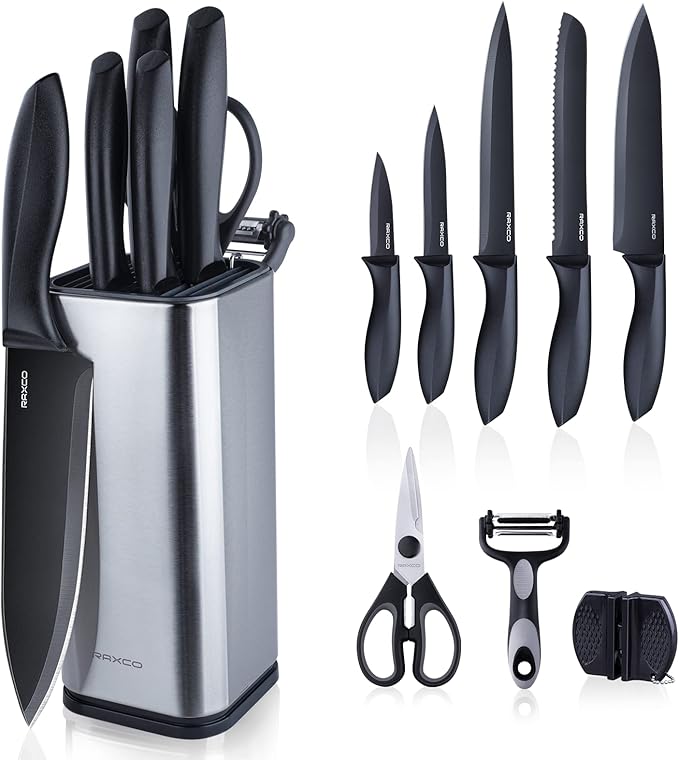 RAXCO Knife Set with Block,10-Piece Kitchen Knives Stainless Steel,Pro-sharpened for Cooking,Slicing,Mincing,Dicing,Black by RAXCO