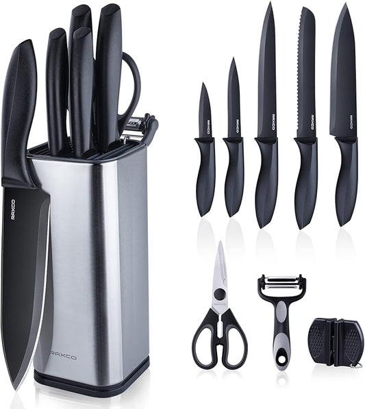 RAXCO Knife Set with Block,10-Piece Kitchen Knives Stainless Steel,Pro-sharpened for Cooking,Slicing,Mincing,Dicing,Black by RAXCO