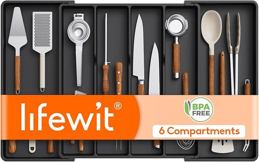 Lifewit Utensil Organizer for Kitchen Drawers, Expandable Cooking Utensil Tray, Adjustable Cutlery Silverware Flatware Holder, Plastic Spatula Tools Storage Divider, 18- 30 x 18.5", Black by Lifewit