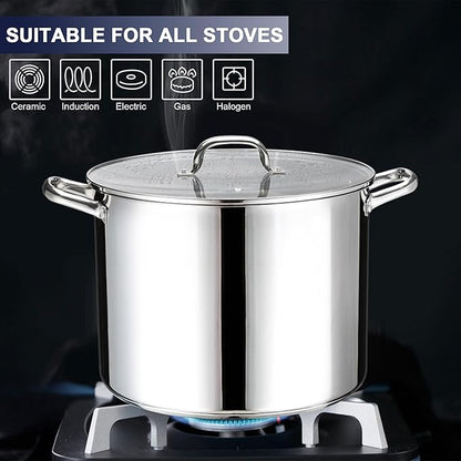 14 QT Stainless Steel Large Stock Pot, LIANYU Heavy Stockpot with Glass Lid, Deep Soup Canning Pot for Stewing Simmering, Tri-ply Base for Induction, Halogen Cooktops, Dishwasher Safe