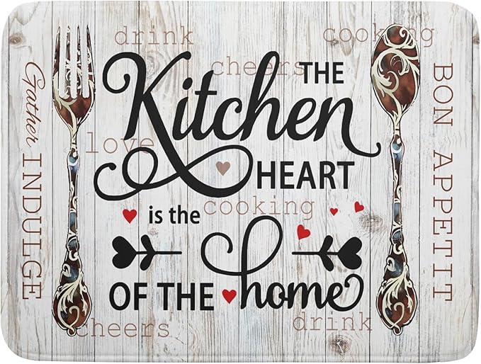 Giwawa 18"x24" Dish Drying Mat The Kitchen is The Heart of The Home- Knife Fork Cutlery Dish Drainer Mats- Rustic Wood Board Reversible Microfiber Dish Drying Pad for Kitchen Countertop Decor
