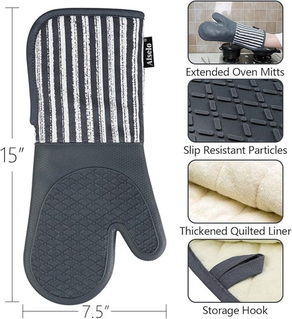 Alselo Silicone Oven Mitts Heat Resistant 932℉ with Waterproof & Non-Slip Kitchen Mittens, Set of 2 Extra Long Oven Gloves with Soft Cotton Terry Lining for Baking Cooking Barbecue - Image 2