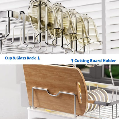 Godboat Dish Drying Rack, 2-Tier Dish Rack with Auto-Drain & Mat, 304 Stainless Steel Dish Racks for Kitchen Counter, Dish Drainer with Knife, Fork & Cup Rack, Gifts for Women, Mothers Day, Silver - Image 6