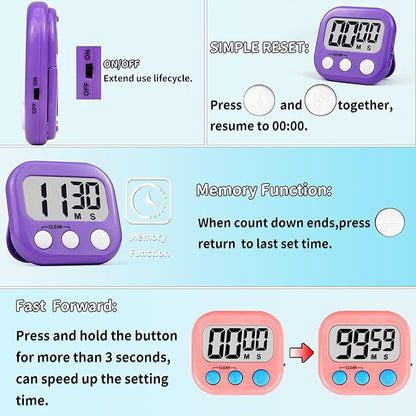Timer for Kids Teachers Supplies Digital Kitchen Timers for Cooking Large Magnetic Classroom Timer 2Pack-Pink Purple