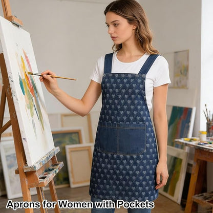 Adult Jour Apron, Lightweight Cotton Apron with Front Pocket, Denim Cross Back Aprons, Durable & Stain-Resistant