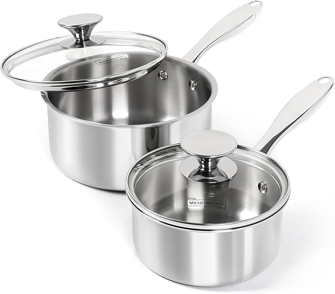 MICHELANGELO 1Qt & 2Qt Tri-ply Stainless Steel Saucepan Set, Small Cooking Pots with Tempered Glass Lids, Induction Ready, Oven & Dishwasher Safe, Multipurpose Sauce Pans for Home Kitchen & Restaurant by Michelangelo