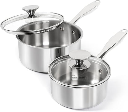MICHELANGELO 1Qt & 2Qt Tri-ply Stainless Steel Saucepan Set, Small Cooking Pots with Tempered Glass Lids, Induction Ready, Oven & Dishwasher Safe, Multipurpose Sauce Pans for Home Kitchen & Restaurant by Michelangelo