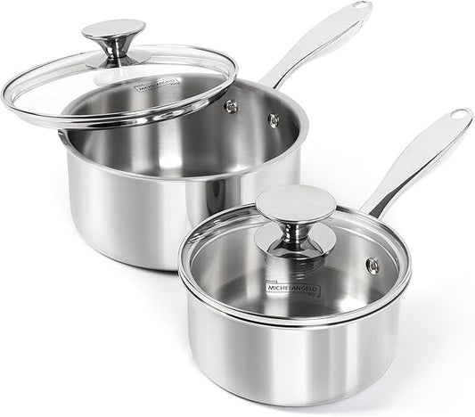 MICHELANGELO 1Qt & 2Qt Tri-ply Stainless Steel Saucepan Set, Small Cooking Pots with Tempered Glass Lids, Induction Ready, Oven & Dishwasher Safe, Multipurpose Sauce Pans for Home Kitchen & Restaurant by Michelangelo