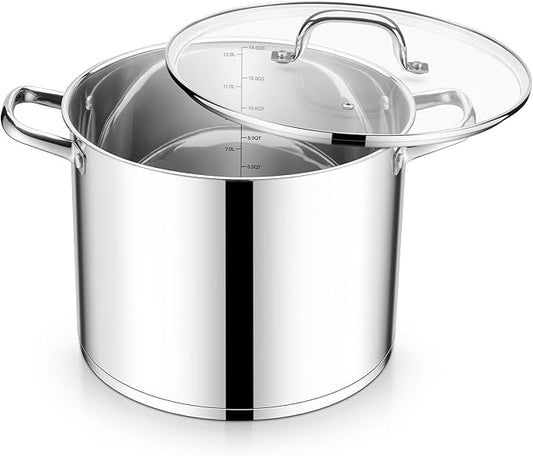 E-far 14 Quart Stainless Steel Stock Pot, Heavy Duty Induction Stockpot with Glass Lid for Cooking Soup Canning, Thick Tri-Ply Bottom & Riveted Handles, Compatible with All Stoves, Dishwasher Safe by E-far