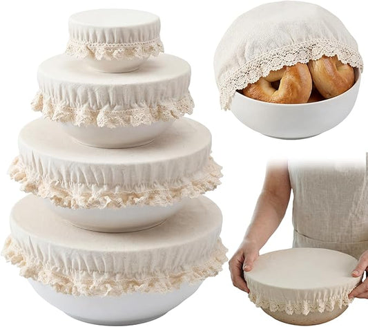 Set of 4 Reusable Cotton Bowl Covers with Lace Trim 13, 10, 8, 4 Inch Breathable Muslin Fabric Food Storage Lids Elastic Cloth Bowl Covers for Bread Proofing Baskets Sourdough Bread Baking