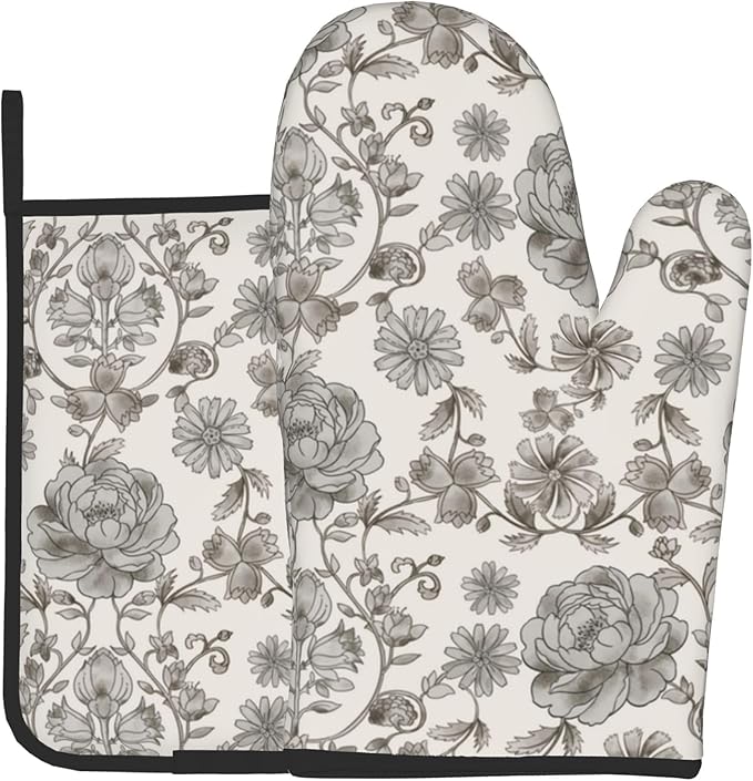Vintage Flowers Oven Mitts and Pot Holders Sets Boho Kitchen Gloves White Grey Floral Hot Pads Cute Baker Stuff Chef Cooking Baking Gifts for Women by DZGlobal