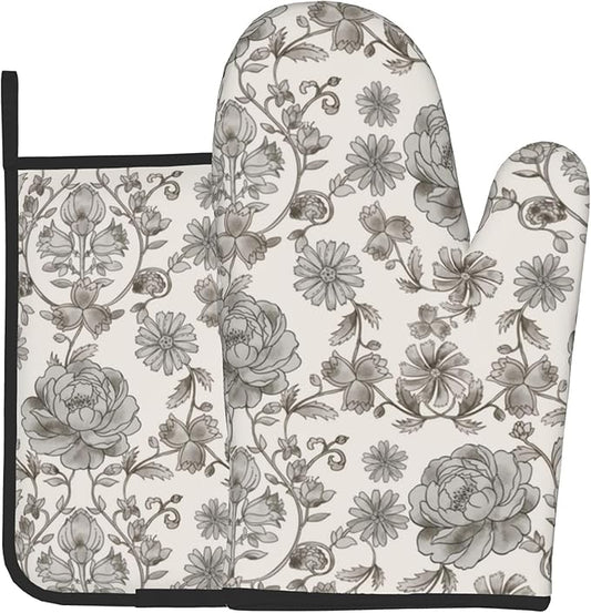 Vintage Flowers Oven Mitts and Pot Holders Sets Boho Kitchen Gloves White Grey Floral Hot Pads Cute Baker Stuff Chef Cooking Baking Gifts for Women by DZGlobal