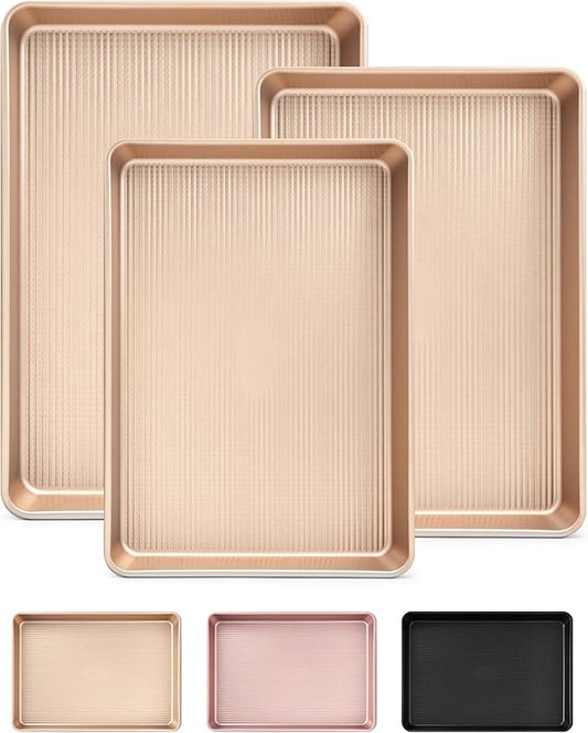 Professional Non-Stick Baking Sheets Set, 3-Piece Heavy Duty Carbon Steel Cookie Sheets with Oven Safe & Even Heating for Baking, Roasting, Cooking (Champagne Gold)