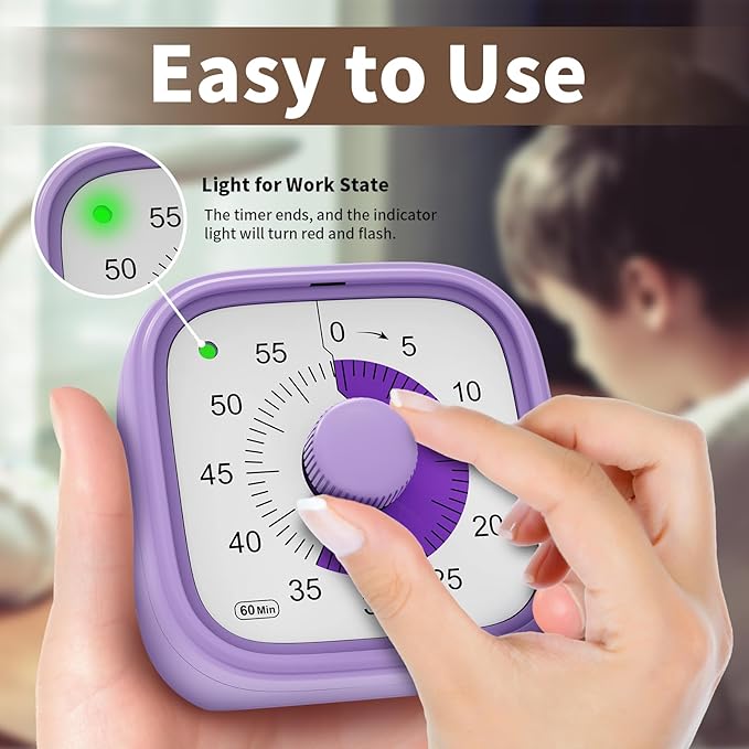 ADHD Timer, Pomodoro Timers for Kids Adults, 60-Minute Countdown Desk Timer for Productivity, Silent ADHD Tools for Kids Toddlers, Kitchen for Cooking (Purple)