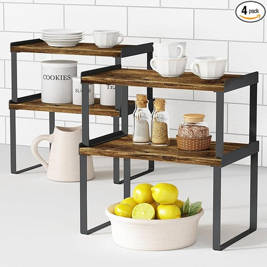 Goozii Kitchen Cabinet Organizers and Storage Shelves, Rustic Farmhouse Desk Shelf Riser for Cabinets, Black Expandable Corner Glasses Medicine Cabinet Organizer under Bathroom Sink - Set of 4