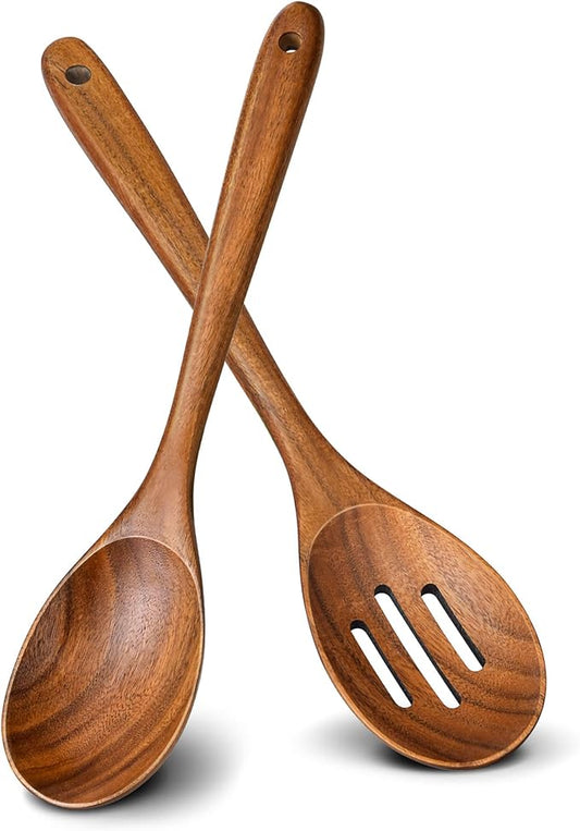 2Pcs Wooden Spoons for Cooking, Natural Premium Teak Wooden Spoon & Slotted Spoon, Good Grip Large Cooking Spoons Spatula, Heat Resistant Wooden Kitchen Cooking Utensils Set for Nonstick Cookware by Unknown
