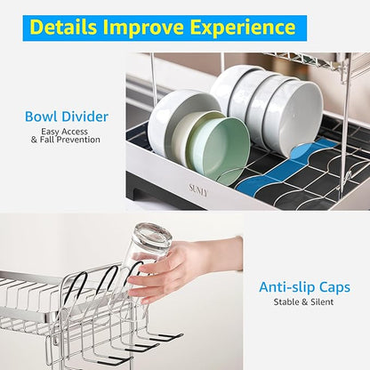 SUNLY 2 Tier Dish Drying Rack, Extra Large Dish Rack, Multifunctional Large Dish Drainers for Kitchen Counter, 304 Stainless Steel Kitchen Drying Rack, Bowl Drying Rack, Extendable Drain Spout, Black - Image 7