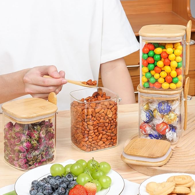 ComSaf 0.8 Qt Glass Jars with Bamboo Lids & Spoons Set of 4, Square Glass Containers with Lids, Sugar Coffee Containers Salt Spice Jars, Pantry Storage Container for Loose Tea, Candy, Brown Sugar, Nut - Image 9
