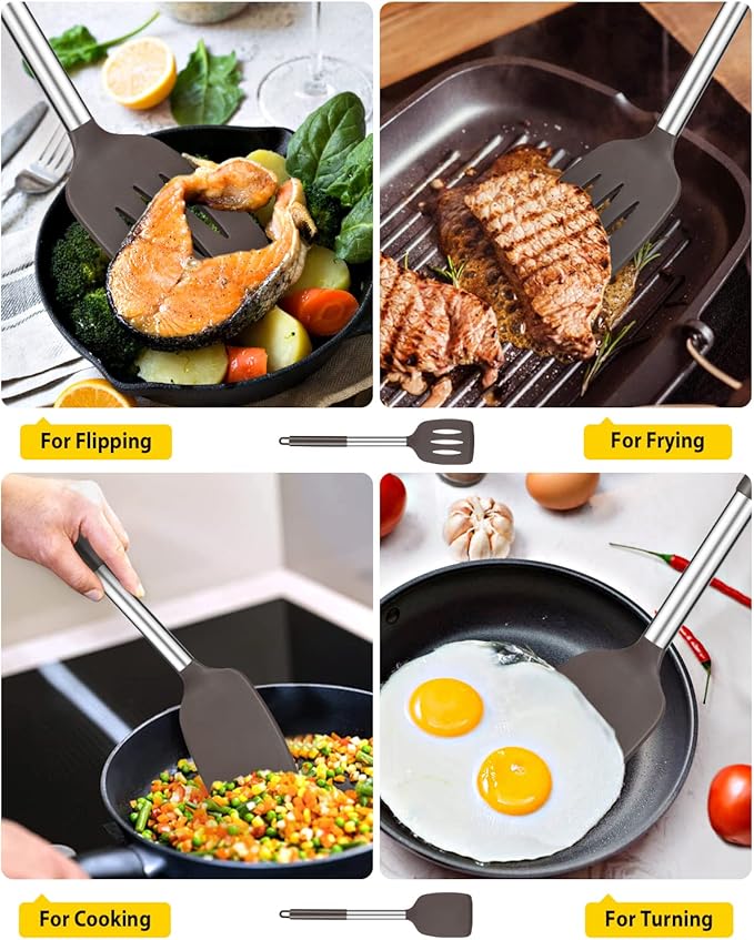 Pack of 2 Silicone Solid Turner, Non Stick Slotted Kitchen Spatulas, High Heat Resistant BPA Free Cooking Utensils, Ideal Cookware for Fish, Eggs, Pancakes(Chocolate) - Image 3