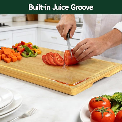 3-Piece Set Bamboo Cutting Board for Kitchen - Crack-Resistant Wood Chopping Boards with Deep Juice Grooves, Pre-Oiled Butcher Block for Meat, Vegetables & Cheese, Natural - Image 4