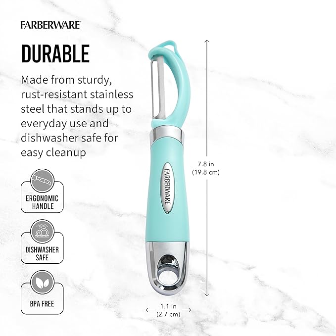 Farberware Pro2 Euro Vegetable Peeler with Ergonomic Handle, Razor-Sharp Stainless Steel Swivel Blade, Dishwasher Safe - Aqua Sky, Peelers for Kitchen Use on Potatoes, Fruits, and More - Image 2