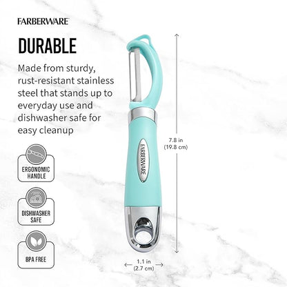 Farberware Pro2 Euro Vegetable Peeler with Ergonomic Handle, Razor-Sharp Stainless Steel Swivel Blade, Dishwasher Safe - Aqua Sky, Peelers for Kitchen Use on Potatoes, Fruits, and More - Image 2