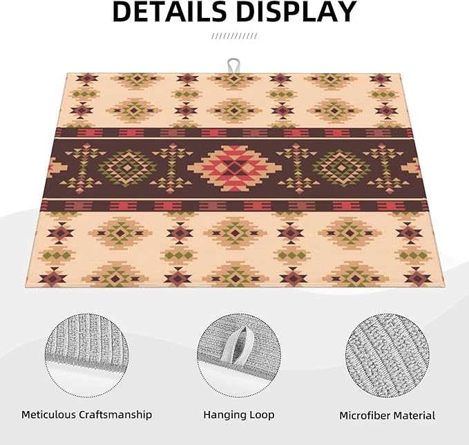 American Aztec Dish Drying Mat Traditional Ethnic Style Design Geometric Drying Rack Pad Countertop Dishes Ultra Absorbent Microfiber Kitchen Counter Mat 18x24 Inch