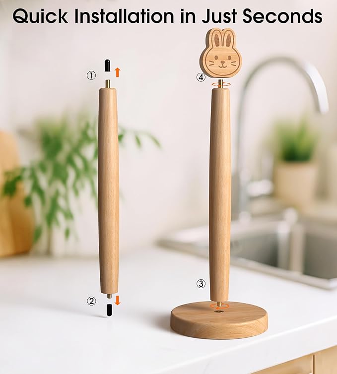 KitchLife Cute Wooden Paper Towel Holder Countertop - Solid Freestanding Paper Towel Dispenser Stand Organizer with Anti-Skid Base (Rabbit) - Image 5