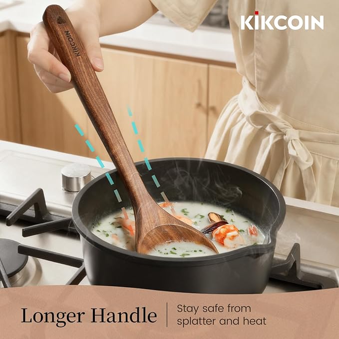 Kikcoin 7 PCS Durable Natural Teak Wooden Cooking Utensils Set, Non Toxic Wooden Spoons for Cooking, Wooden Utensil Set for Cooking with Comfort Grip, Nonstick & Easy to Clean Wood Kitchen Utensil Set - Image 4
